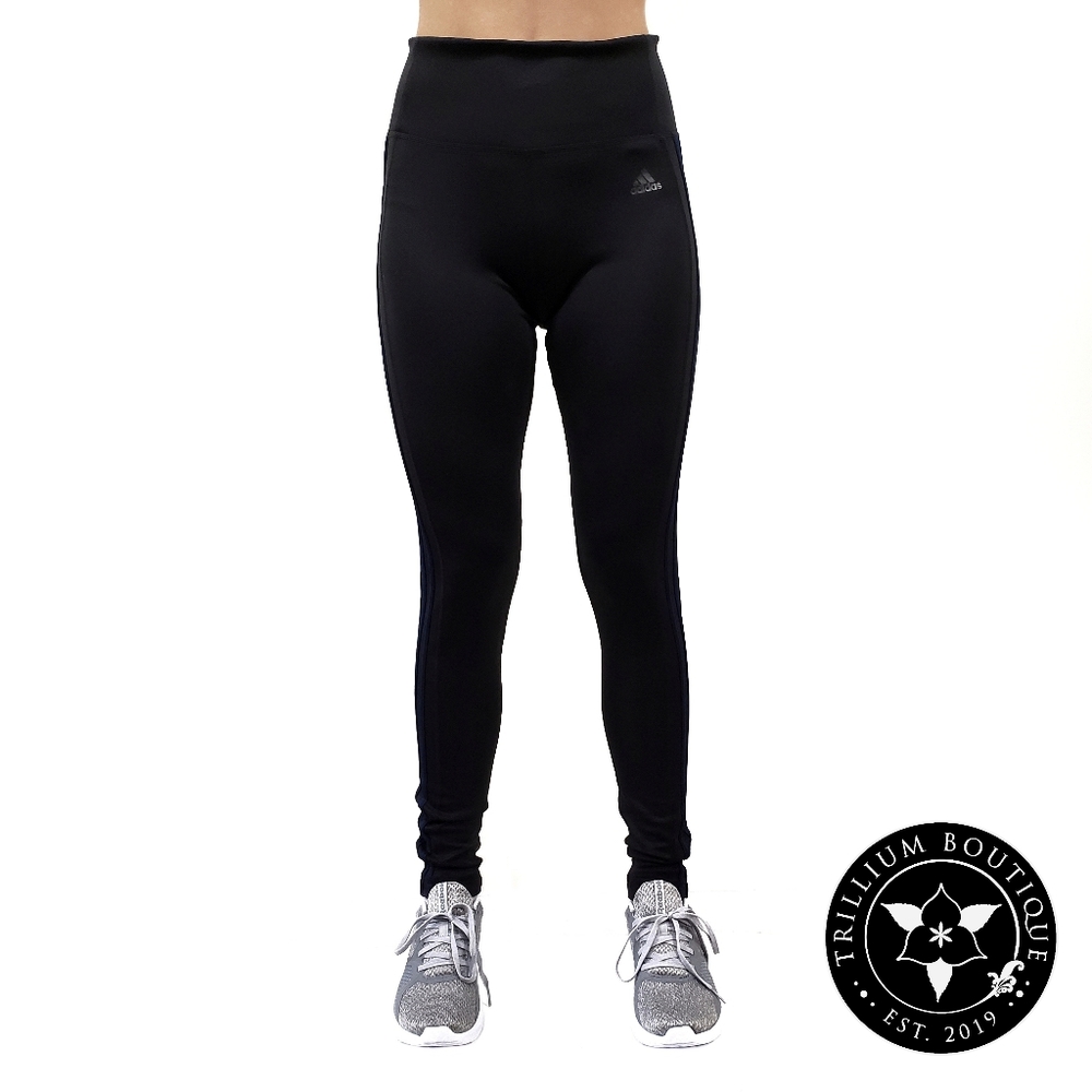 Adidas Climalite Women's 3 Stripe Tights Mid Rise (Black/Navy) NWT - Picture 2 of 7